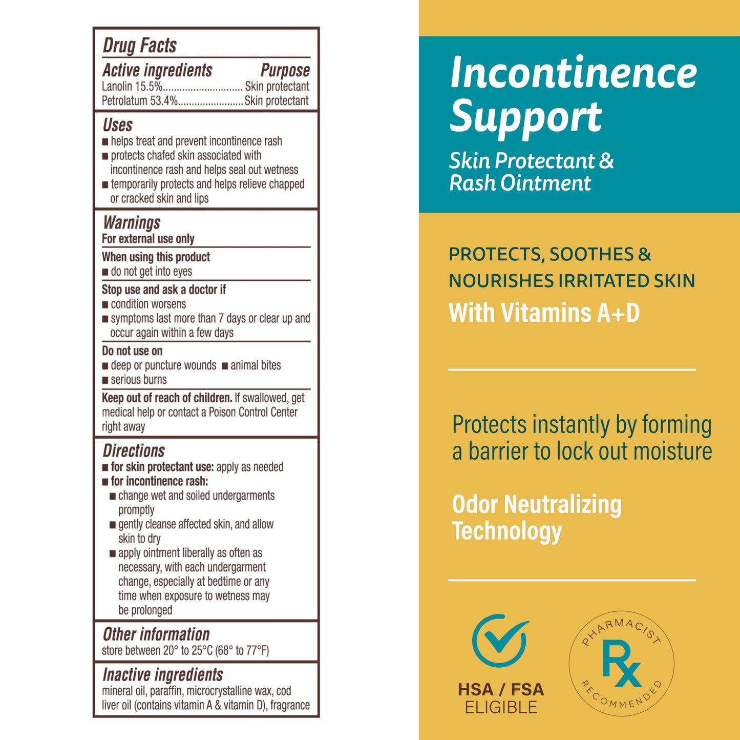 A+D Incontinence Support Skin Protectant & Rash Ointment – Treats & Prevents Incontinence Rash, Soothes Chafed Skin, Odor Neutralizing Technology - 16 oz