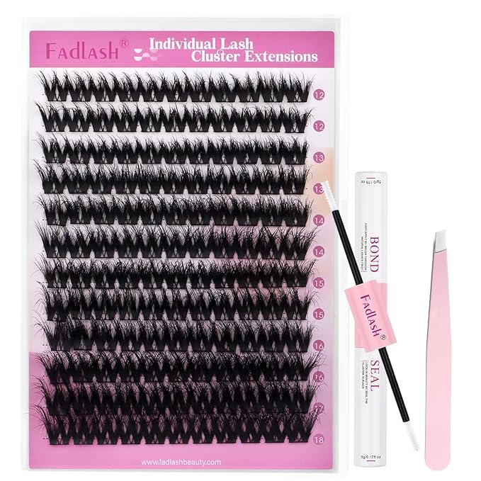 FADLASH Lash Extension Kit Lash Clusters Kit 12-18mm Cluster Lashes Eyelash Exctensions with Lash Bond and Seal and Lash Tweezers DIY at Home (L01 Kit)