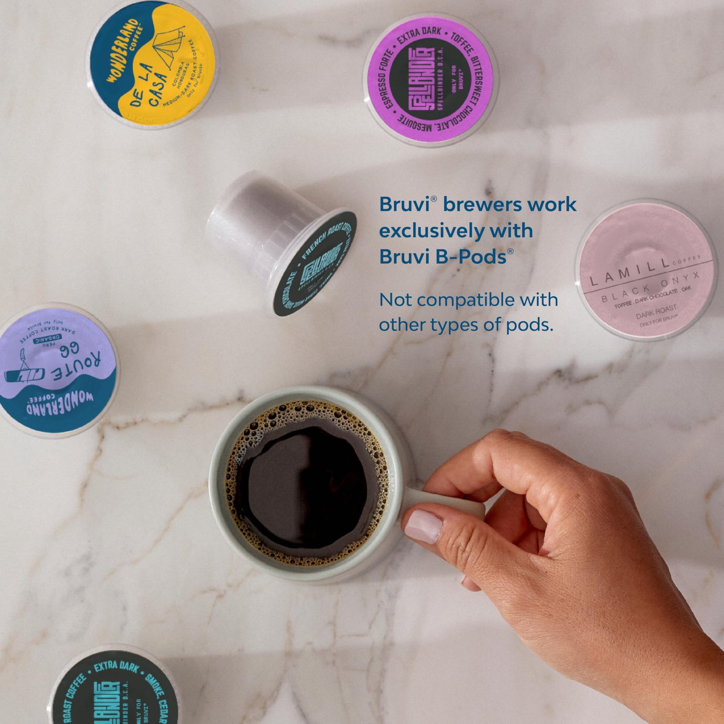 BRUVI Single-Serve Coffee Maker Bundle | Brews Coffee, Espresso, Cold Brew, Matcha Green Tea & More | Includes Brewer + 20 Dark Roast Pods | Touchscreen, WiFi, 70 oz Tank | Cream