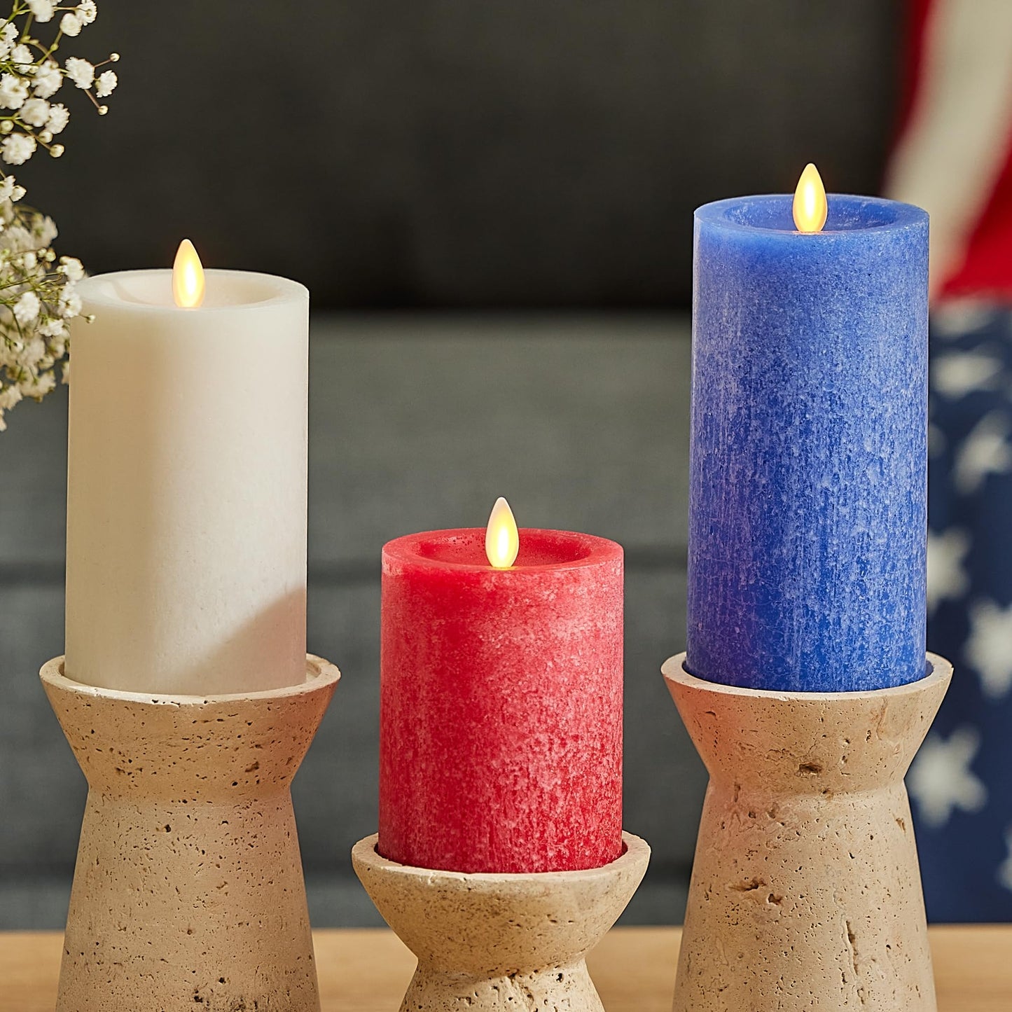 Luminara Red White & Blue Americana Pillar Trio - Set of 3 Flickering Flameless Wax Candles - Battery Operated LED Real Flame Illumination for Patriotic Holiday Decor - Timer - Remote Sold Separately