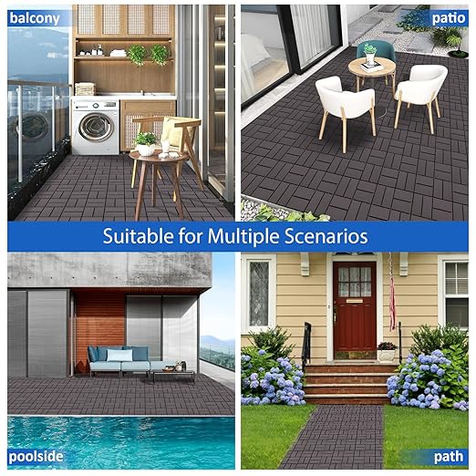 12 PCS 12x12 Inch Interlocking Deck Tiles - Waterproof All-Weather Outdoor Patio Flooring for Pool, Balcony, Backyard, Porch & Garden, Coffee
