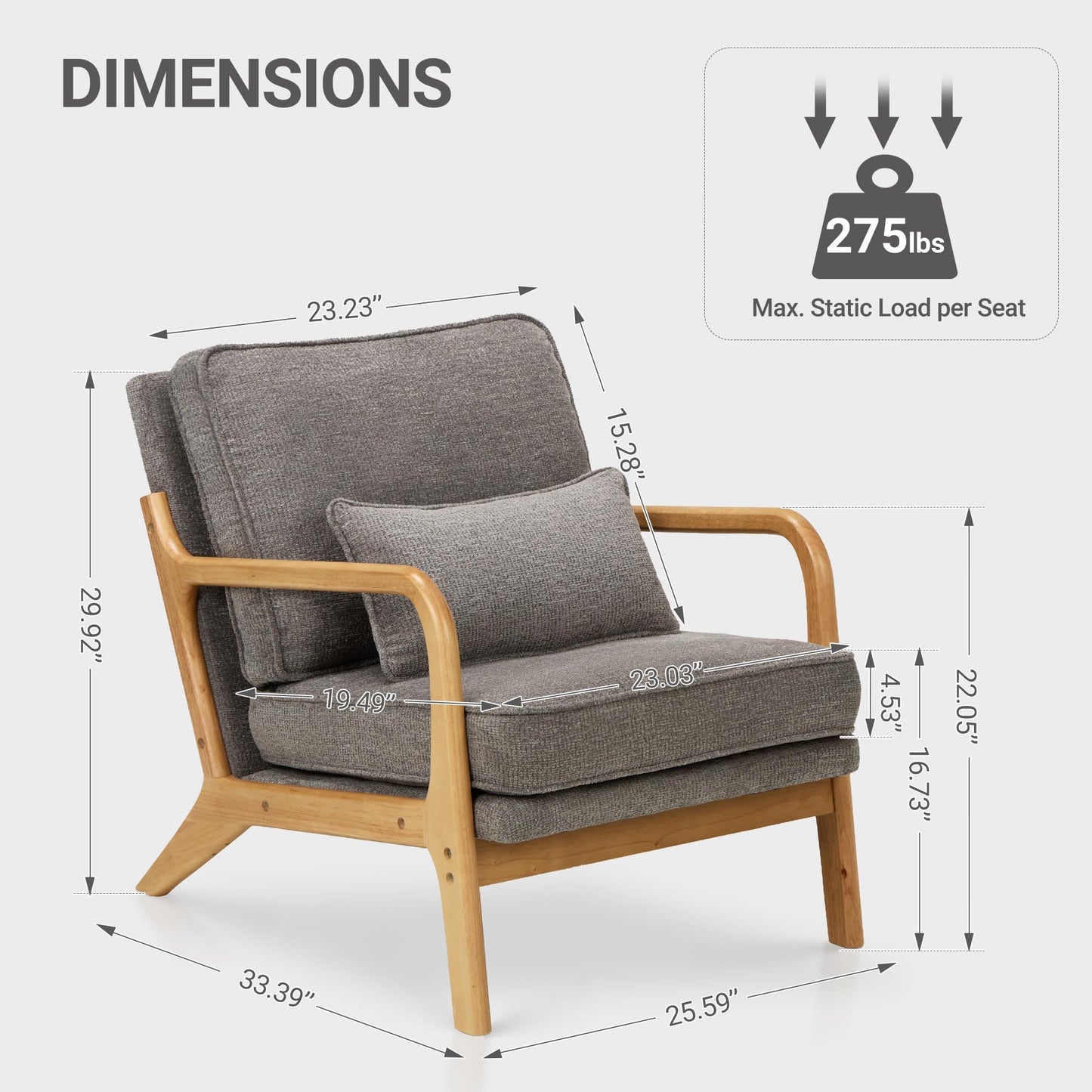 COLAMY Mid Century Modern Accent Chair Set of 2 with Lumbar Pillow, Relaxing Armchair with Solid Wood Frame & Soft Cushion, Reading Leisure Chair for Living Room,(Grey)