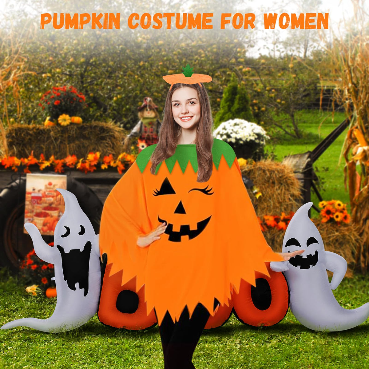 AOLIUP Halloween Pumpkin Costume for Women: Funny Adult Pumpkin Poncho Costumes for Halloween Cosplay Party Clothes with Headband Bag