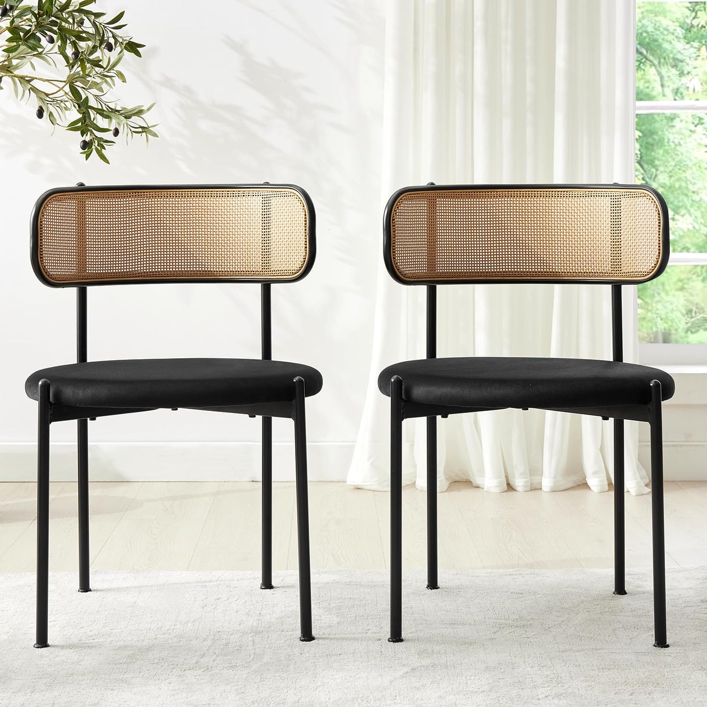Rattan Dining Chairs Set of 4, Mid-Century Modern Chair with Boucle, Kitchen Dining Room Chairs for Living Room with Metal Legs, Round Upholstered Sherpa Chair with Rattan Backrest for Home, Black