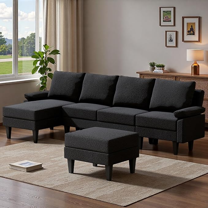 Topcomfy U-Shaped Sectional Couches for Living Room, Convertible 4 Seat Modular Sectional Sofa Set with Ottoman, Modern L Shaped Couch with Chaise for Bedroom Apartment and Office, Chenille Black Gray