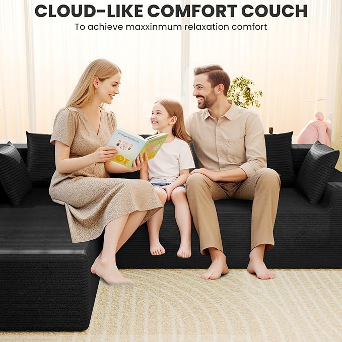 LEVELEVE 107" Cloud Sectional Couch with Deep Seat,Modern Modular Sofa with L-Shape Chaise,No Assembly Required, Upholstered Couches for Living Room Bedroom(Black,Left Facing Chaise)