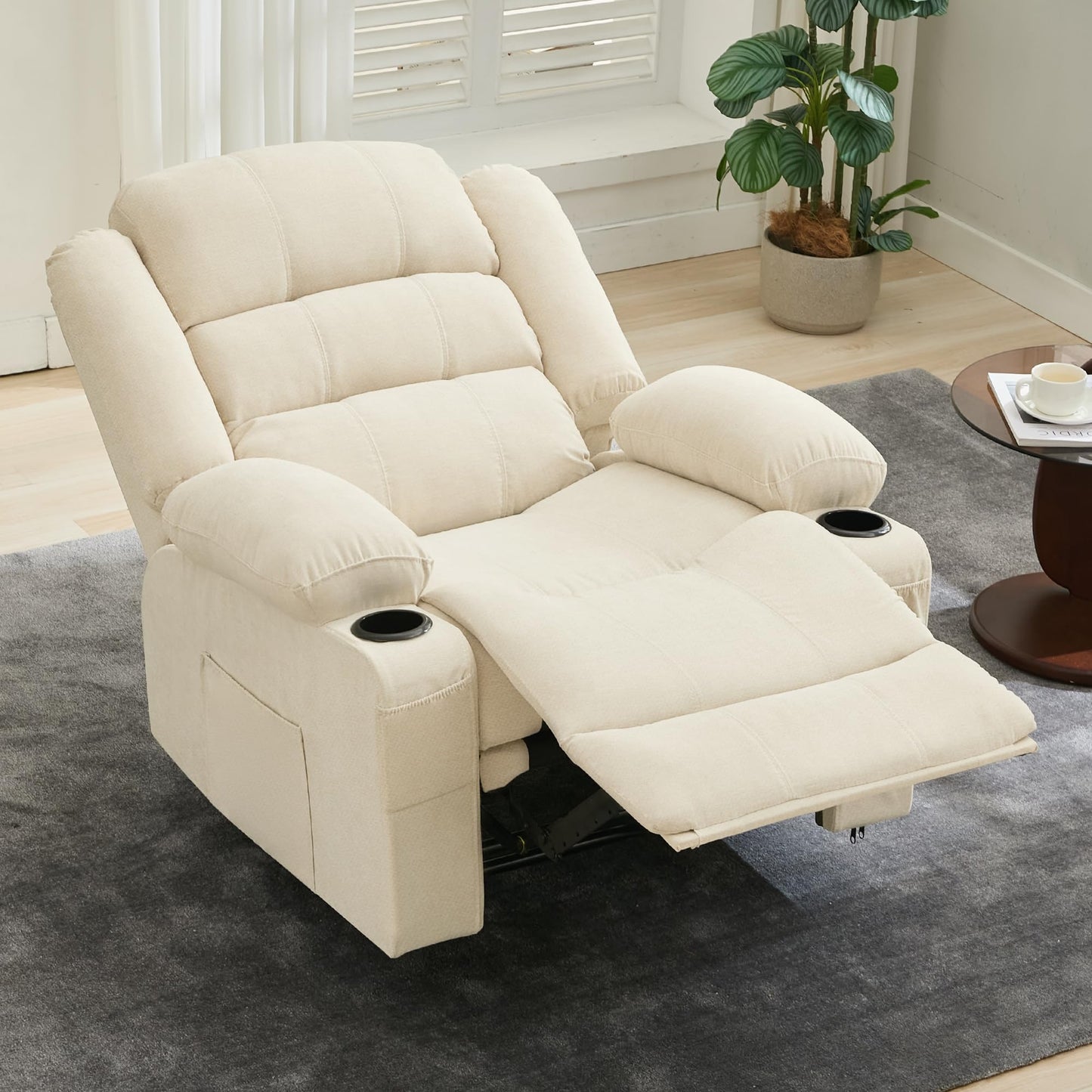 GarveeHome Wide Manual Recliner Chair for Adults – Widen Oversize Overstuffed Breathable Fabric Lounge Chair with 3 Angle Modes 2 Cup Holders Side Pockets