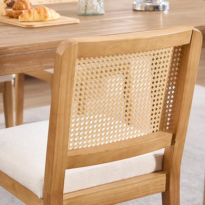 Farmhouse Rattan Dining Chairs Set of 4, Mid Century Modern Kitchen & Dining Room Chair, Rectangle Cane Upholstered Kitchen Chairs Side Chairs with Natural Wooden Legs, White Chenille