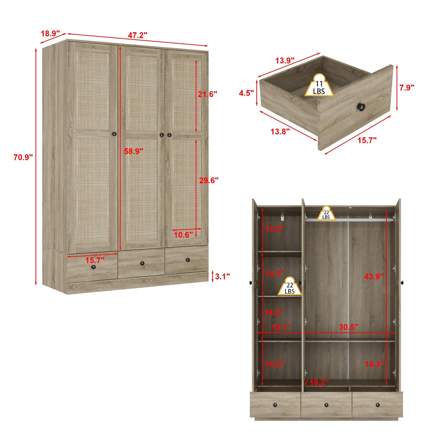 Homsee 3-Door Rttan Wardrobe Armoire Closet, Bedroom Cabinet Armoire with 3 Rattan Doors, 3 Drawers, Hanging Bar & 6 Shelves, Light Brown