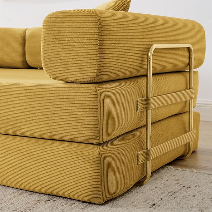 Convertible Couch Sofa Bed Foldable Floor Sleeper | Modern Fold Out Deep Seat Couch | Removable Backrest & Armrests | No Assembly Compression Sofa Sleeper for Living Room, Bedroom, Corduroy Yellow