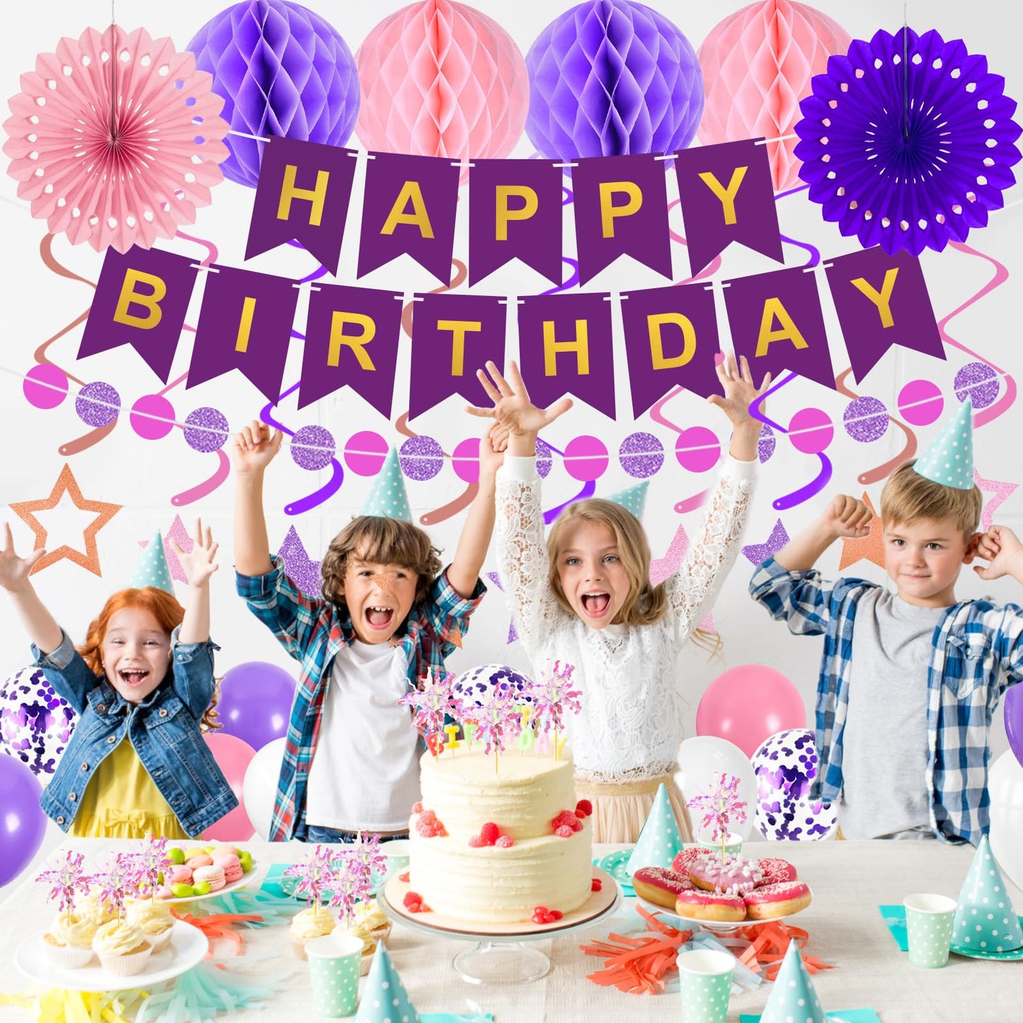 Purple Birthday Decorations Happy Birthday Banner Pink and Purple Balloons Stars Circle Garland Hanging Swirl Streamers Hanging Honeycomb Balls 69PCS Party Decorations for Women Men