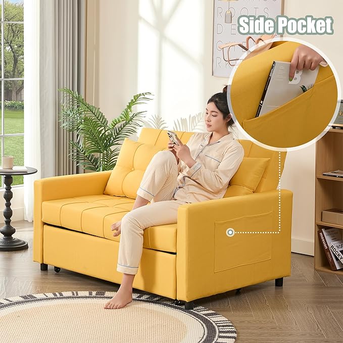 GOSUHI 52" Sleeper Sofa with Pull-Out Bed, 3-in-1 Convertible Sofa Bed, Loveseat with Stepless Adjustable Backrest and Side Pocket, for Living Room Dorm Apartment, Linen, Yellow