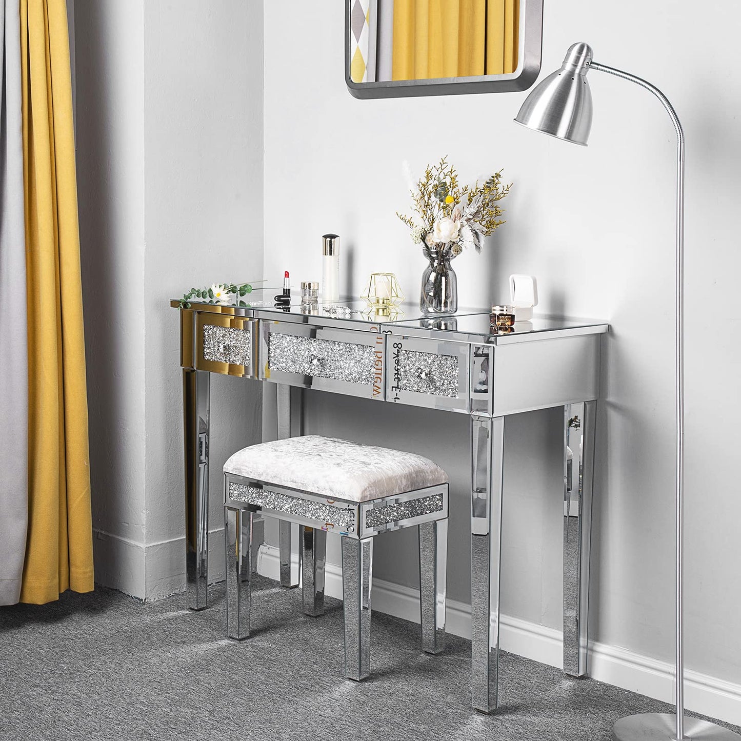 VINGLI Mirrored Vanity Desk With Drawers and Flip Mirror, Glass Table, Silver Makeup Desk for Bedroom/Makeup Room