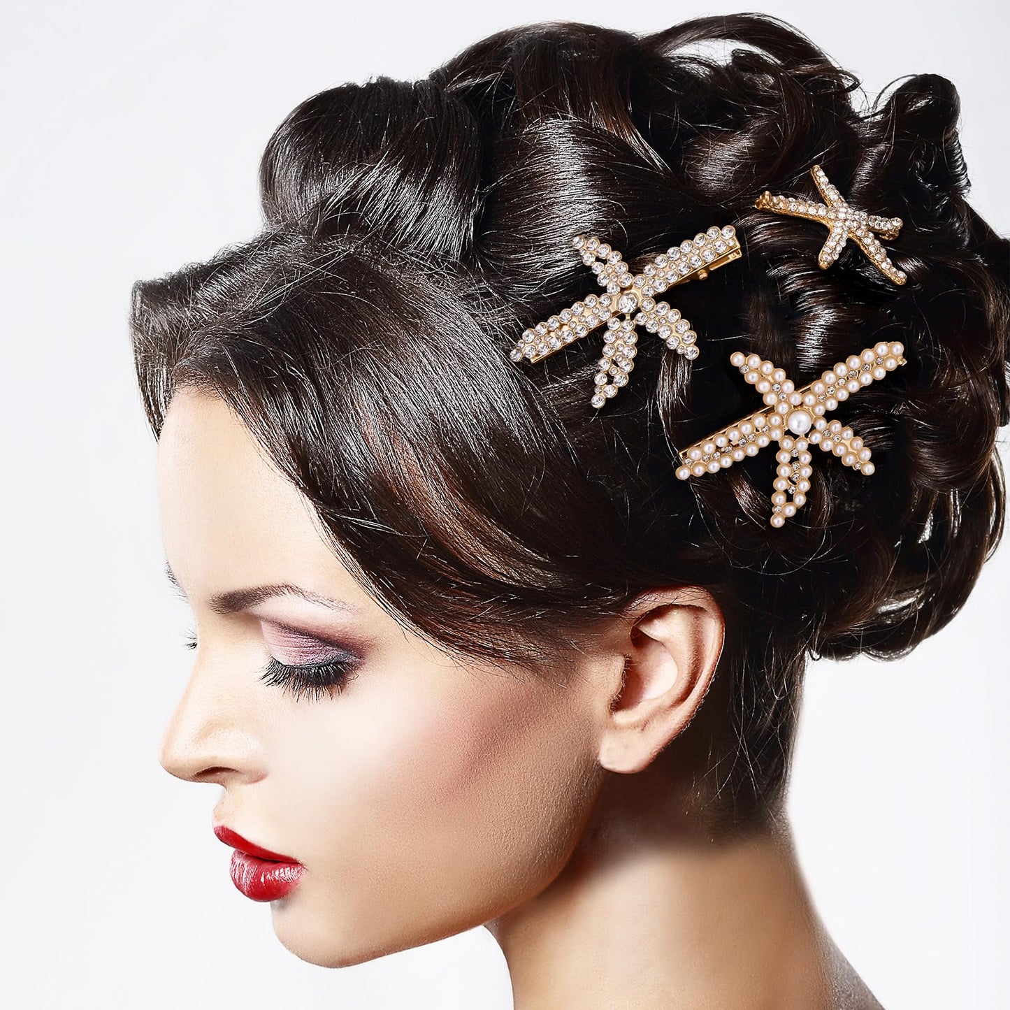 PAGOW 3 PCS Starfish Hair Clips, Gold Pearls Rhinestone Hair Clips, Crystal Sea Star Ponytail Holder, Faux Pearl Crystal Wedding