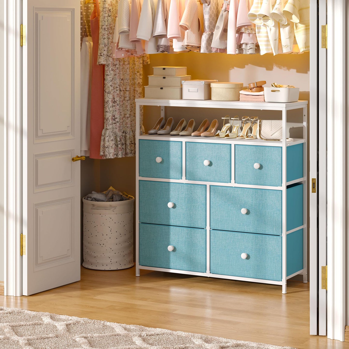 Dresser for Bedroom with 7 Drawers, Purple Dressers & Chests of Drawers, Dresser for Clothes Storage with Wooden Top and Metal Frame, Entertainment Center, Green