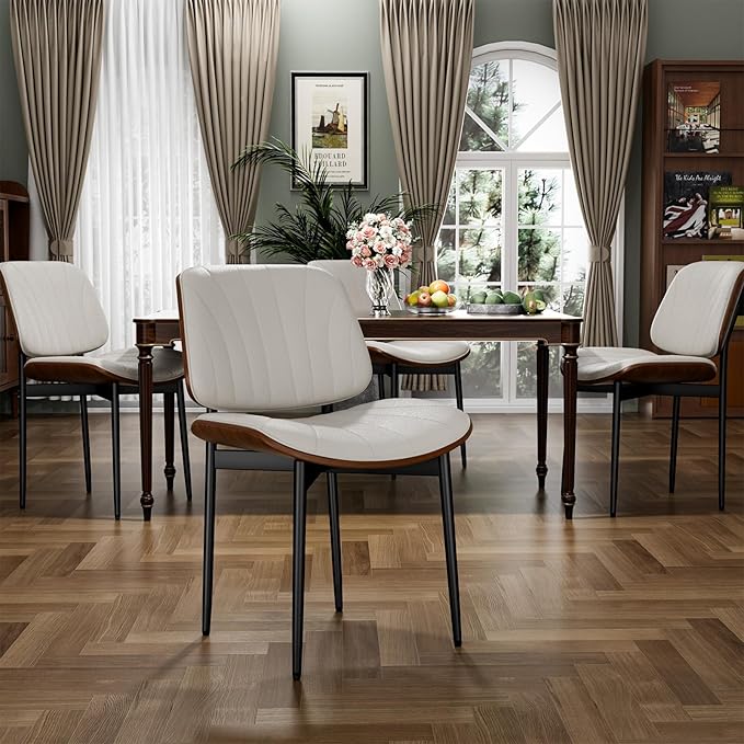 YaFiti Dining Chairs Set of 6, Dining Room and Kitchen Chairs, Mid Century Modern Accent Chair, Upholstered PU Leather Chairs for Vanity with Walnut Bentwood and Metal Legs, Beige