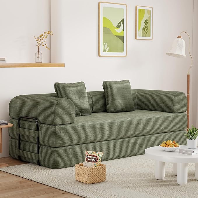 77" Convertible Sofa Bed, Modular Folding Futon Corduroy Floor Foam Compressed Loveseat Sleeper Sofa Couch, Pull Out Queen Size Couch Bed with 2 Pillows for Living Room Guest Room Studio, Light Green
