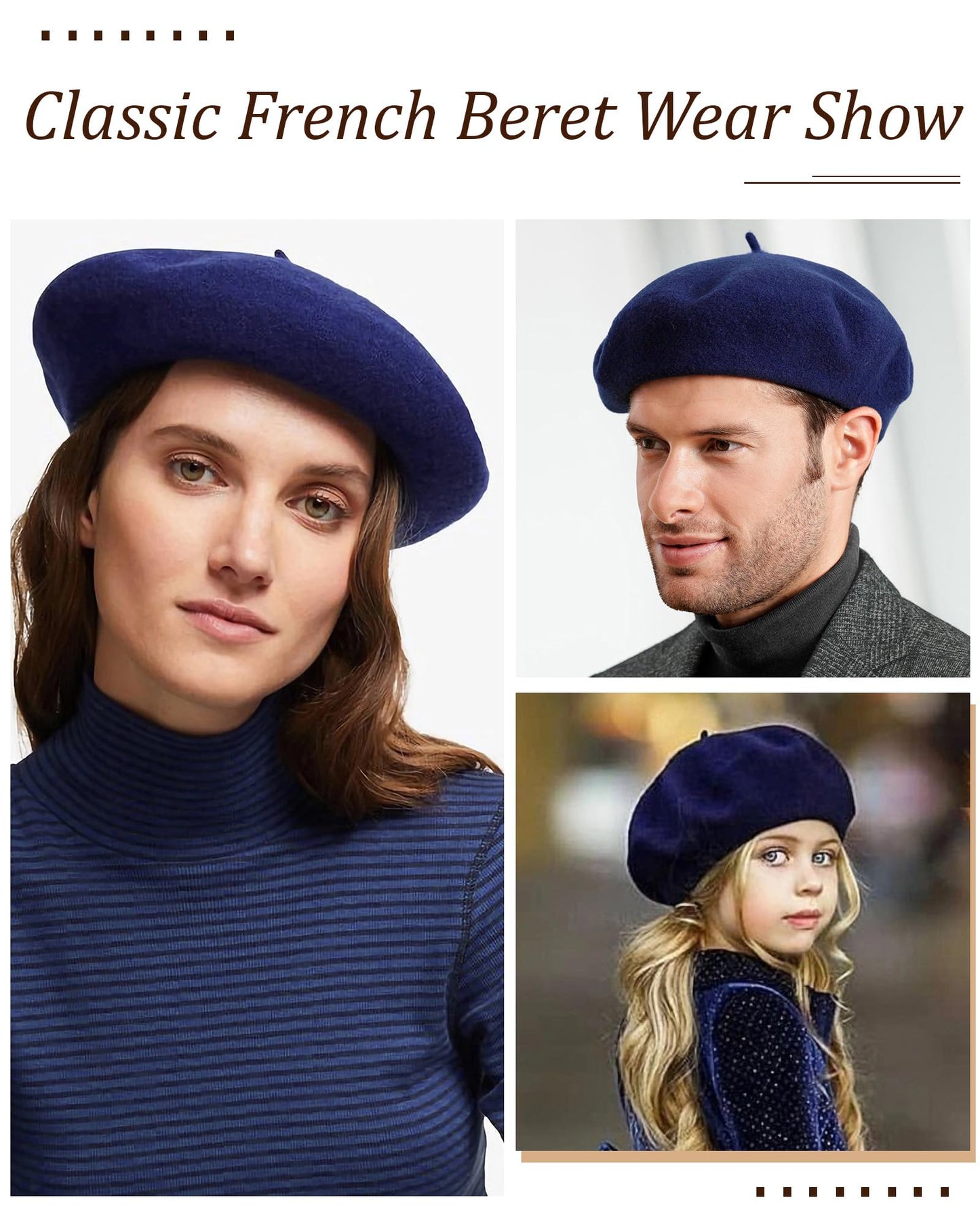 AWAYTR Wool French Beret Hats - Solid Color Artist Beret Hat for Women and Kids (Navy Blue,Kids)