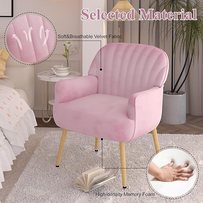 Holiway Velvet Accent Chair, Upholstered Modern Leisure Single Sofa Side Chair, Comfy Tufted Back Armchair with Metal Legs for Living Room/Bedroom/Office/Reading Room, Pink