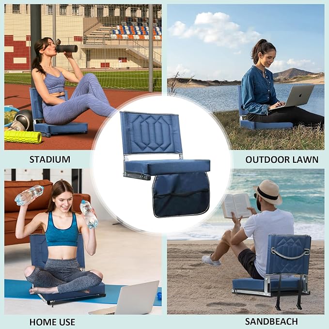 Comfortable Stadium Seats for Bleachers with Back Support & Cushioned Seat, Shoulder Strap, Carry Handle, and Storage Pockets, Perfect for Sports, Concerts, Camping & Outdoor Events, 2pack, Blue