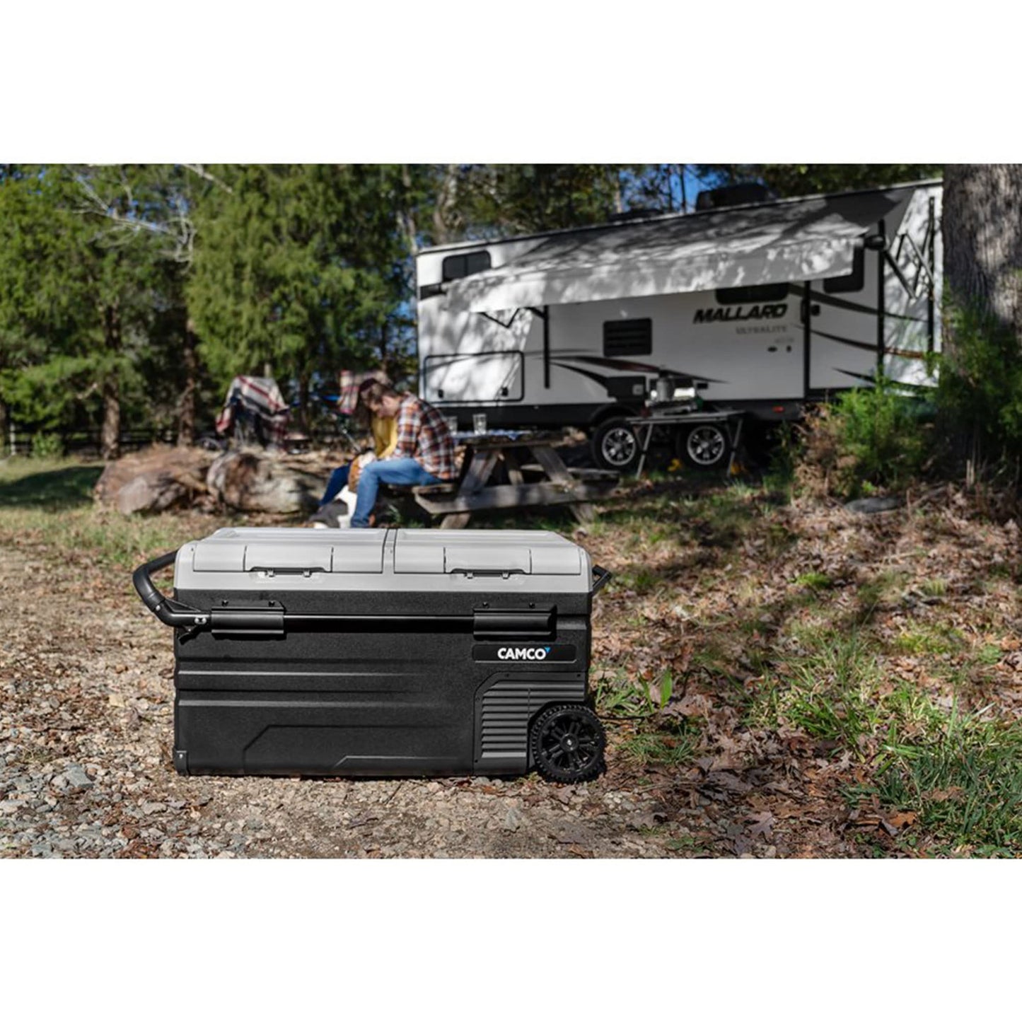 Camco CAM-950 AC 110 V DC 12 V 95 Liter Portable Compact Refrigerator w/Dual Zone Cooling/Freezing and Vehicle Outlet Cables for Camping & Road Trips