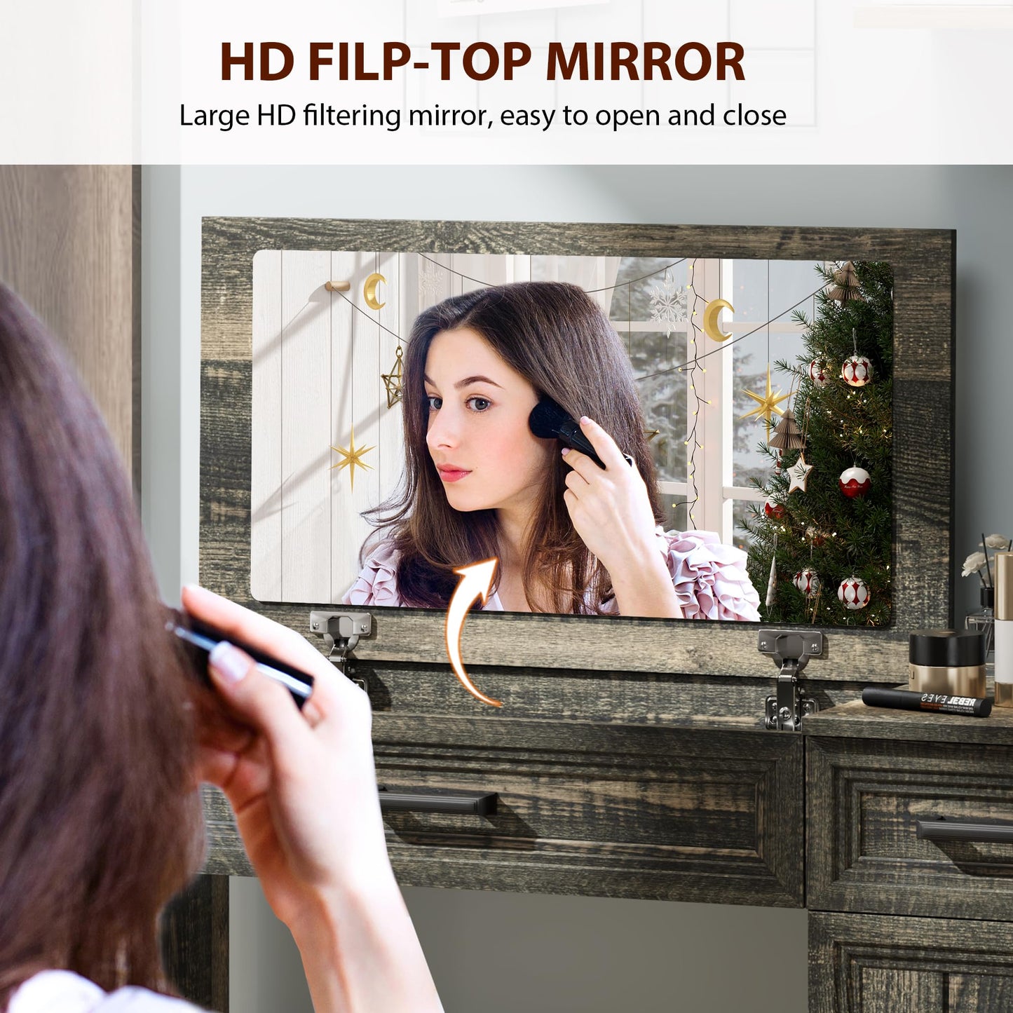 FOMNEY Farmhouse Vanity Desk with Flip Top Mirror, 43.3" W Makeup Vanity with Drawers, Storage Cabinet, Dressing Make Up Vanity Table for Bedroom, Wood Home Office Desk, Light Grey