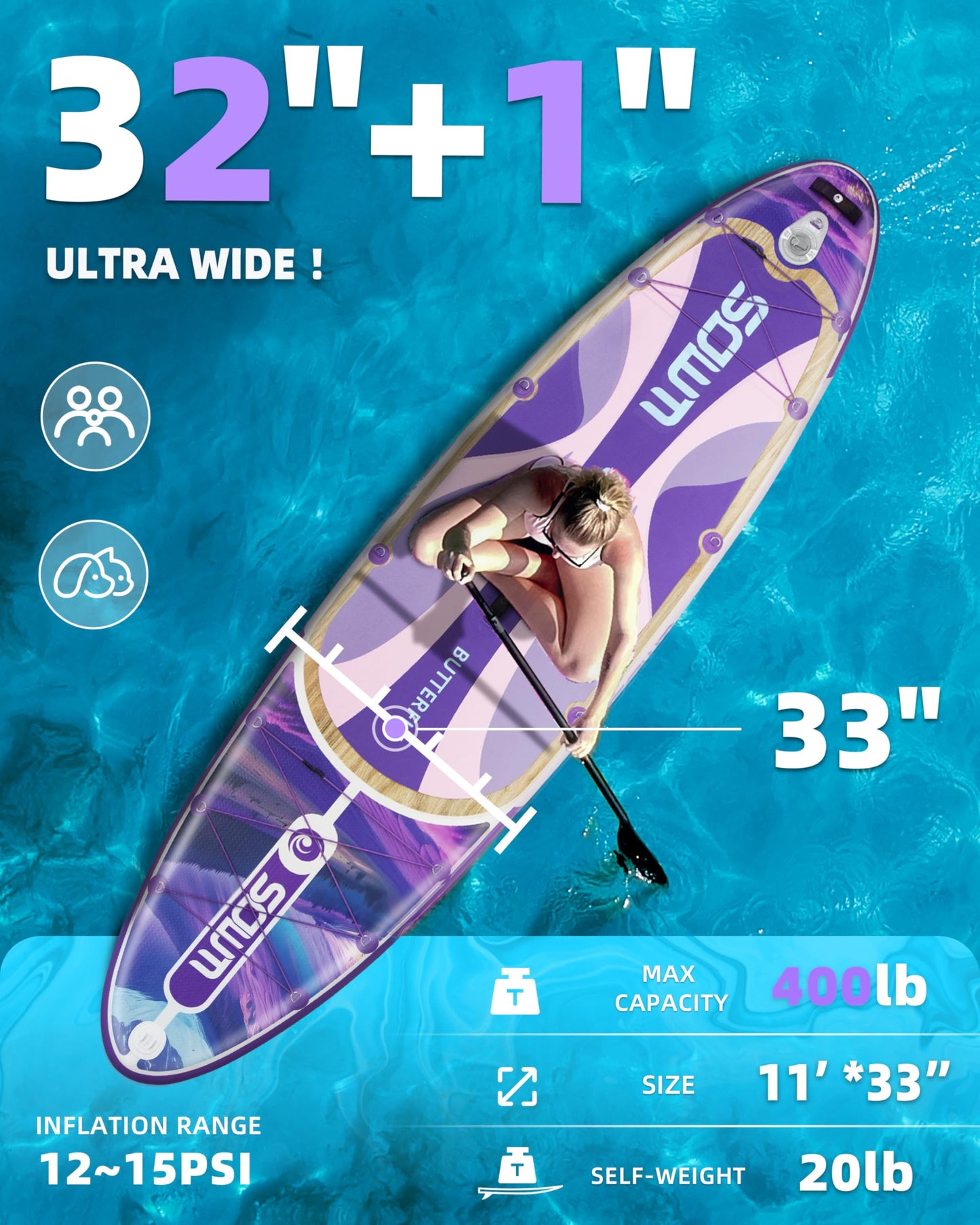 SOWM Inflatable Paddle Boards 11'x33'' with Sup Accessories, Stand Up SUP Paddle Board Inflatable for Adults Youth, Extre Wide & Non-Slip Deck Design Sup of All Skill Levels
