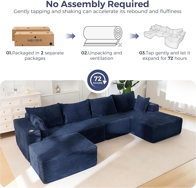 MAXYOYO 132" Giant U-Shaped Modular Sectional Couch, Modern Boneless Couch for Living Room, Sofa in A Box, Oversized Sofa Sleeper with Deep Seat, No Assembly Required, Navy