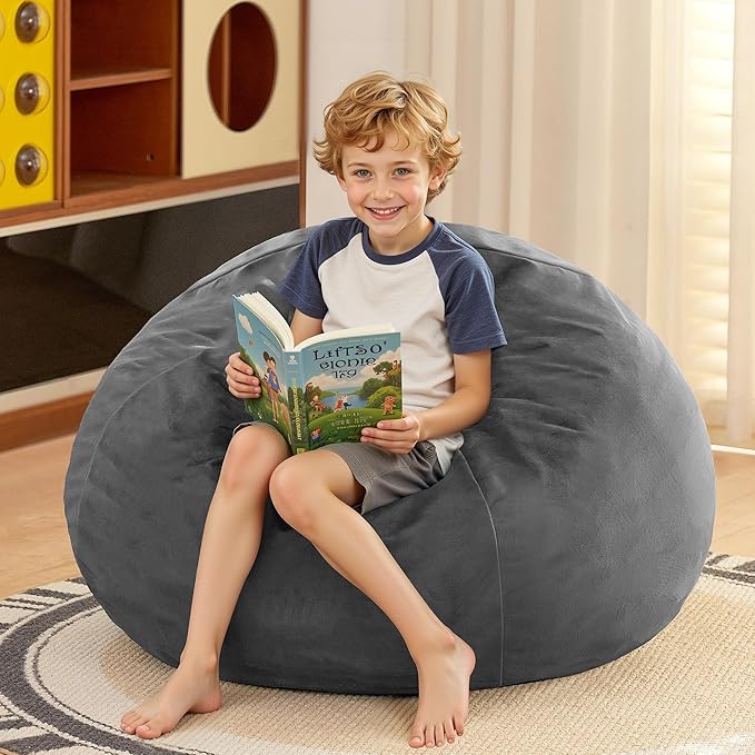 HABUTWAY 2FT Bean Bag Chair, 2' Beanbags Small Bean Bag Chairs with Filling, Teardrop Bean Bag Chair Luxurious Velvet Ultra Soft Fur with Removable Cover (Grey)
