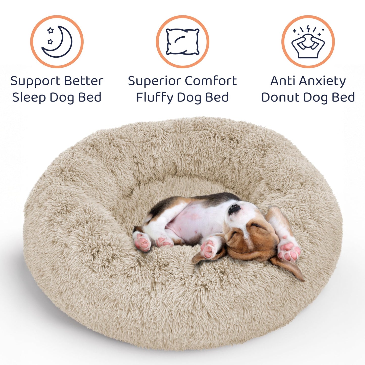 Petloox Donut Dog Bed - Premium Comfort for Anxiety Relief - Fluffy & Calming Design with Ultra-Plush Support | Cozy Round Dog Bed with Super Soft Circle Style (Size L Beige)