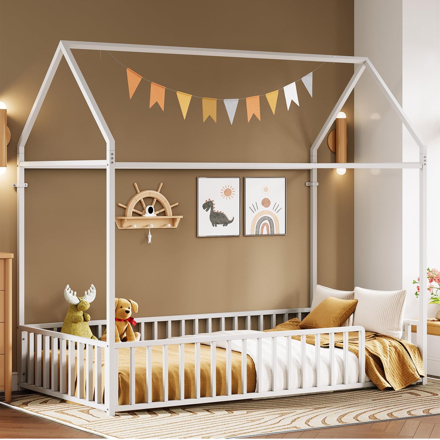 LIKIMIO Twin Floor Bed Frame with Roof & Fence Guardrails Metal House Bed for Bedroom, Easy Assemble, No Box Spring Needed, White