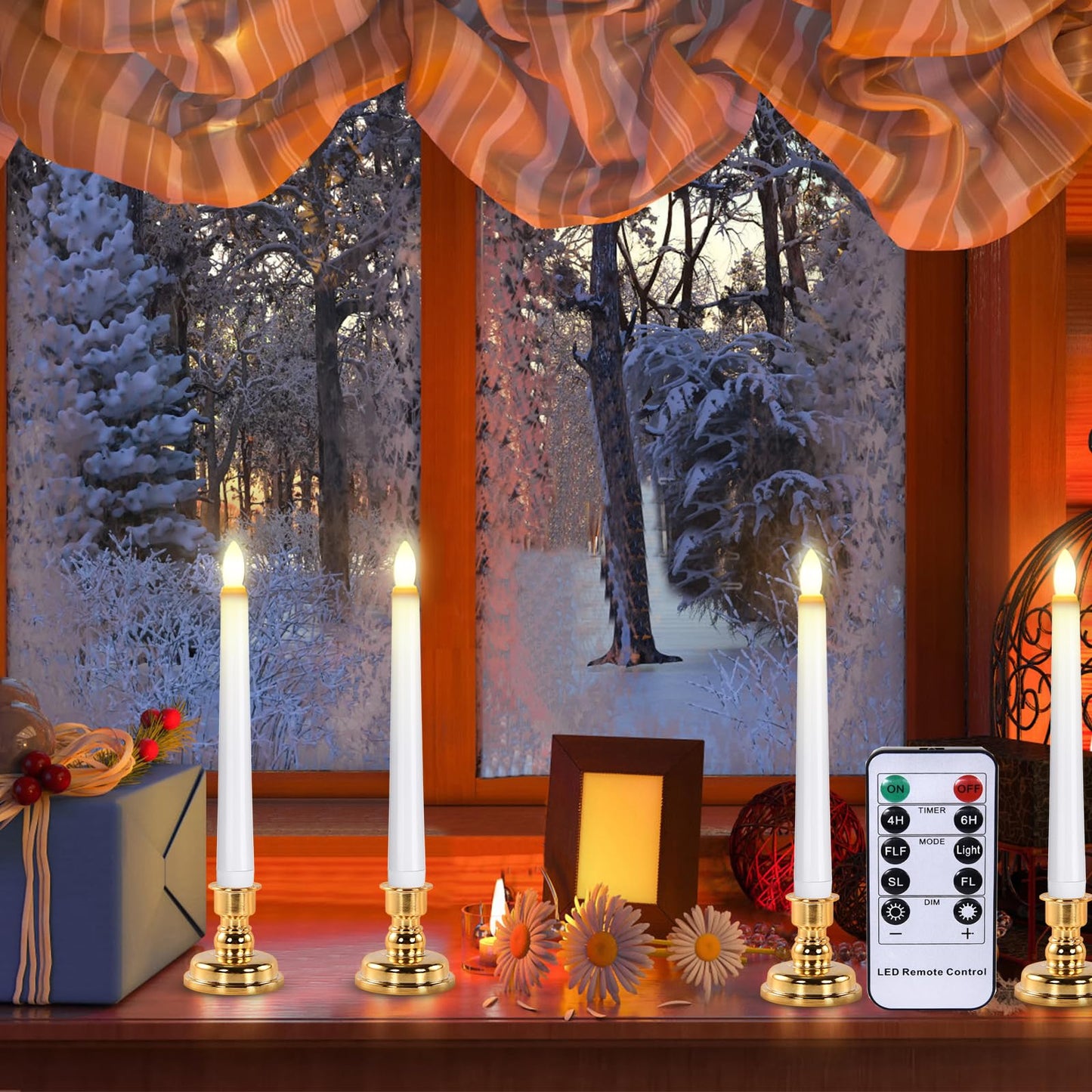 JOSU LED Window Candles, Christmas Flameless Window Candle Lights with Timer Battery Operated, 4 3D Wick Light Candle+4 Removable Gold Candleholders+Remote, for Decor &Festival Celebration
