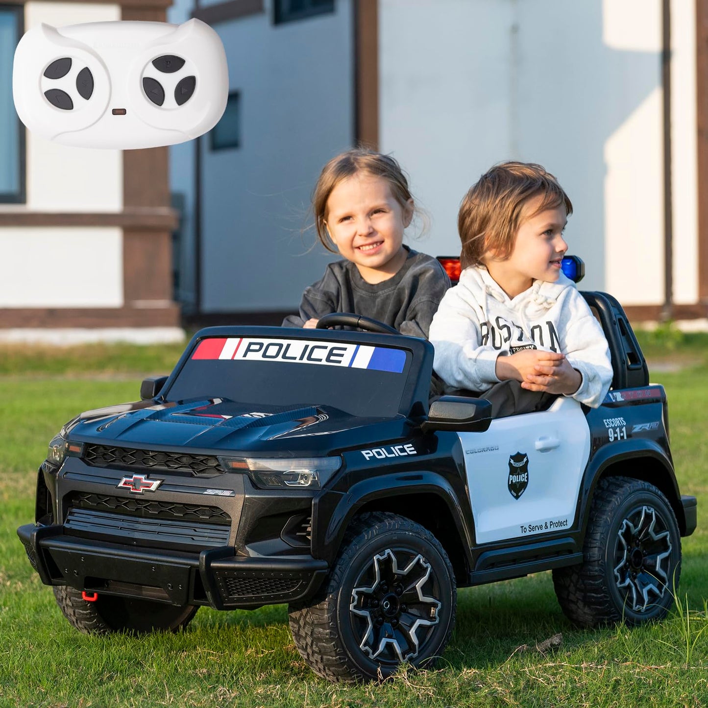 Nitoess Police Car Ride On, 24V 4WD Kids Car Licensed Chevrolet Colorado, Toddler Car Ride on 2-Seater with Parent Remote, Police Ride on Toy with Music, Alarm Lights