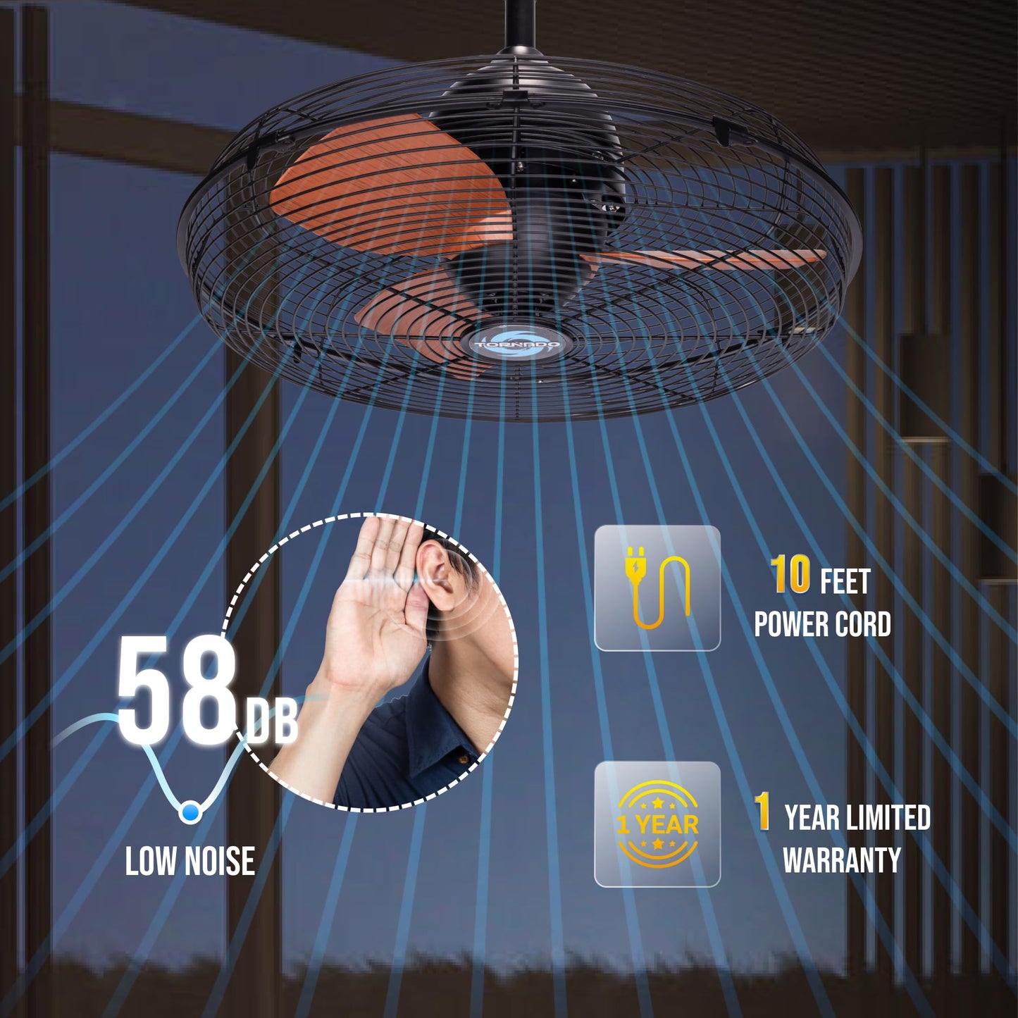 Tornado 20-Inch Outdoor Downrod Mount Ceiling Fan, Ipx4 Water-Resistant With Remote Control, 3-Speed Settings, 3300 Cfm Airflow,