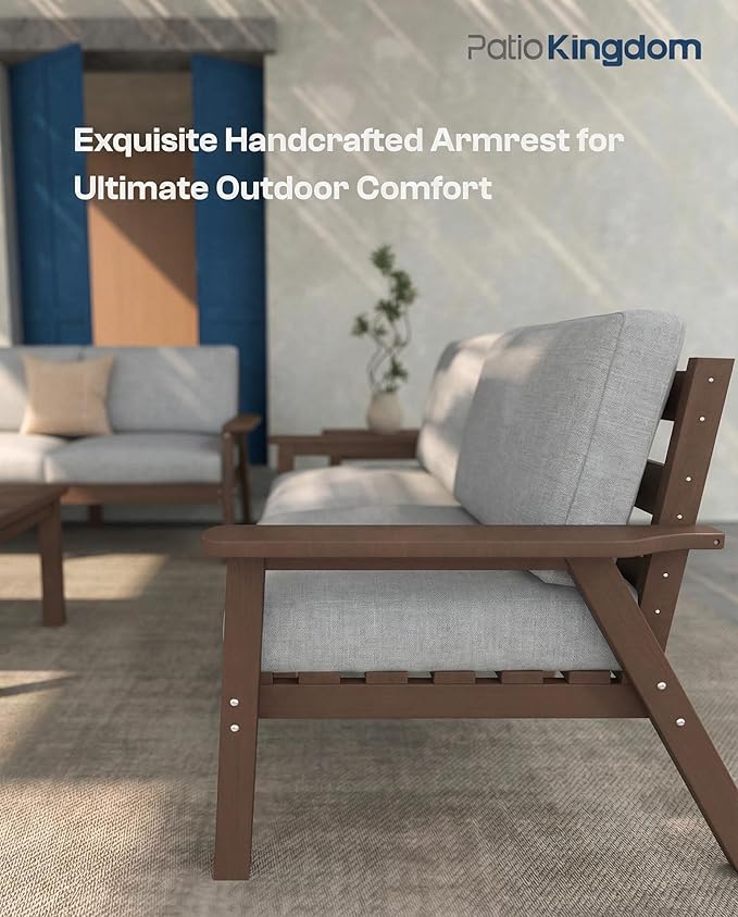 Patio Kingdom Patio Furniture Set 3 Seats, HDPE Outdoor Sectional with Washable Gray Thick Cushions, Coffee Table & Side Table, Patio Conversation Sets for Lawn, Garden, Porch, Balcony (Brown Frame)