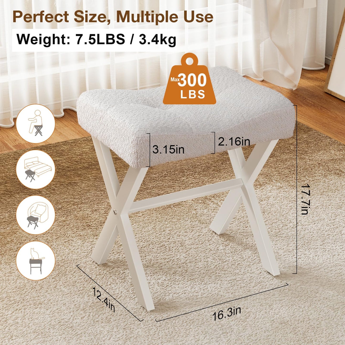 Memobarco 18-Inch Vanity Stool Chair, Vanity Bench with Metal X-Legs, Ottoman Foot Stool with Breathable and Soft Boucle Fabric Saddle Seat, White