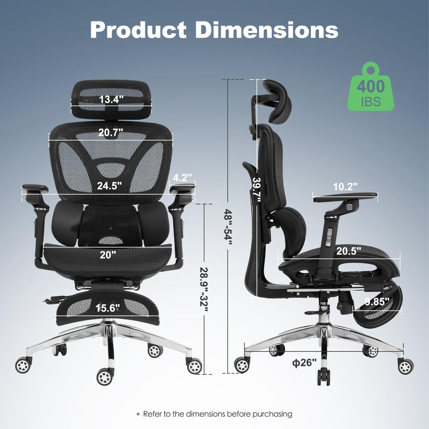 Ergonomic Mesh Office & Gaming Chair with Footrest, High Back Home Office Desk Chair, Comfortable 3D Lumbar Support, 130° Tilt, Adjustable Seat Depth, Adjustable 6D Armrest & 3D Headrest(Black Pro)