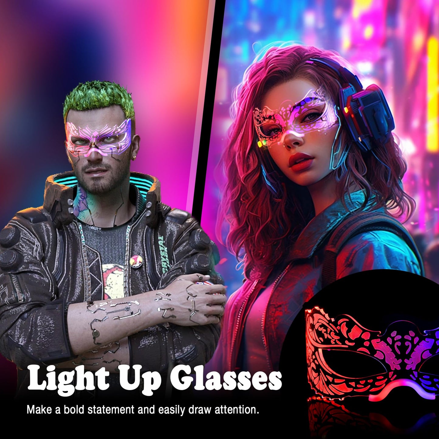 Oybete 2 Pairs Light Up Glasses For Party LED Masquerade Mask Cosplay Costume Neon Sunglasses Festival Accessories,Gifts (Cool Glasses)