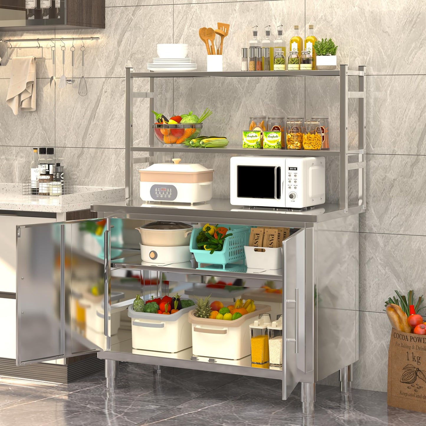 JFHID Stainless Steel Table with Cabinet 40"x20" Prep Worktable for Commercial Kitchen Steel Countertop with Adjustable Tier & Cabinet Shelf Work Table Workbench for Home Restaurant