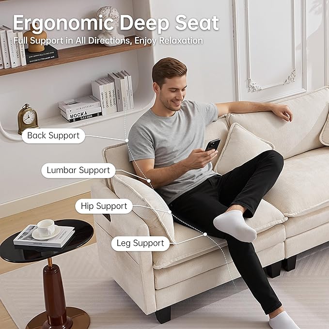 Opiesit 108" Modular Sectional Couches for Living Room with Ottoman, L Shaped Cloud Couch with Charger, USB & Type-c Port, Comfy 4 Seats Sofas with Deep Seat, Chenille Fabric, Beige