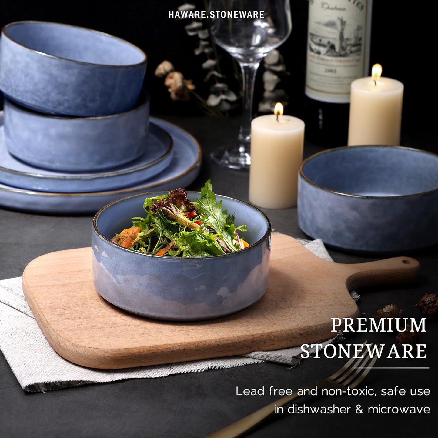 HaWare Dinnerware Sets, 16-Piece Stoneware Plates and Bowls Set, Elegant Ceramic Dish Set for 4, Chip and Scratch Resistant, Microwave and Dishwasher Safe, Reactive Blue