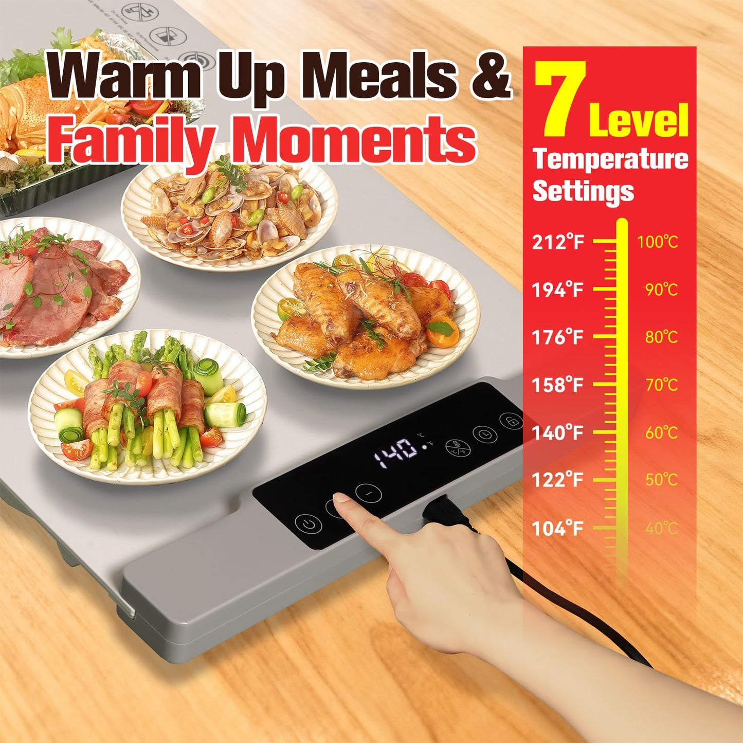 Koucen Warming Mat for Food Extra Large 35.4"×13.4", 7 Temperature Settings, 8-Hour Timer, 400W Fast Full-Surface Heating Child Lock Safety, Food Warmer Electric Warming Trays for Buffets Party