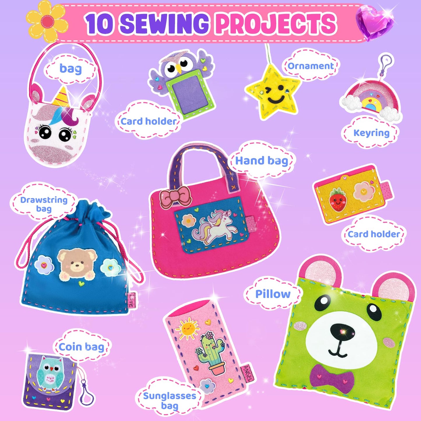 Sewing Kit for Beginner Kids, 10Pcs Unicorn Bear DIY Arts and Crafts Box, Felt Art Projects, Blind Box Craft Supplies, Learn to Sew Embroidery Kit, Birthday Gift for Girls 3 4 5 6 7 8 Years Old