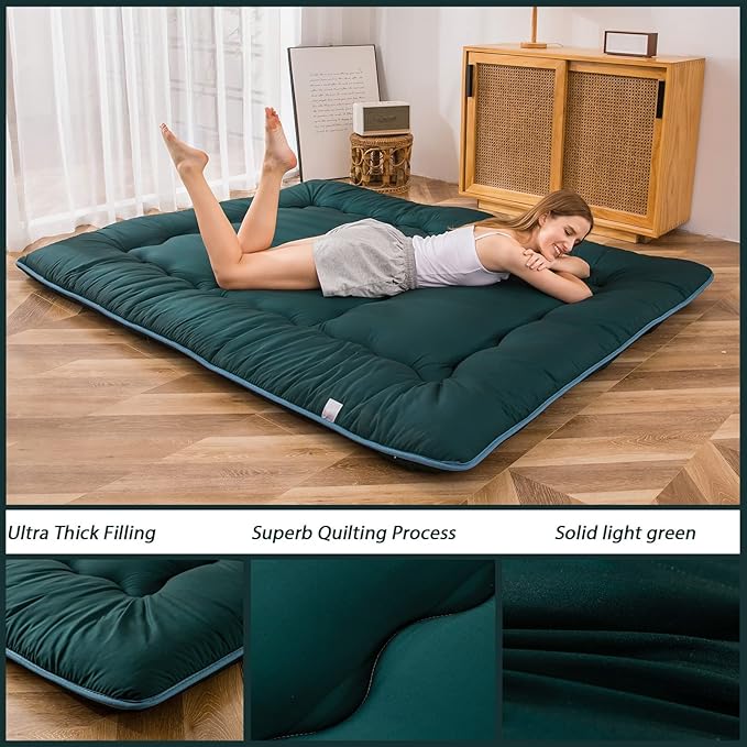 MAXYOYO Japanese Floor Mattress Futon Mattress, Thicken Sleeping Pad Foldable Roll Up Floor Futon for Adults Tatami Mat Dormitory Bed Lounger, Dark Green, Twin Size