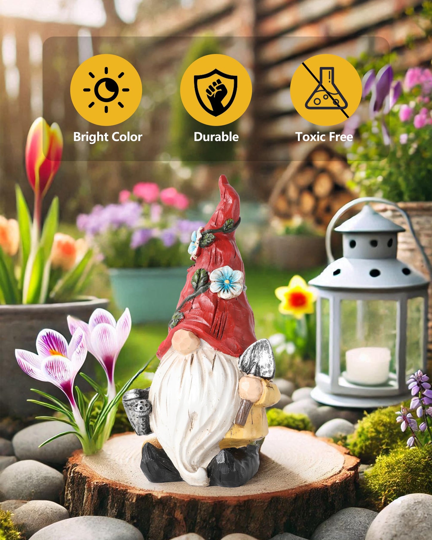 GoGnome Hand-Painted Resin Garden Gnome with Watering can and Shovel Figurine - 9.1" Summer and Spring Decorations for Home and Yard - Ideal Gnome Gifts for Women (Red)