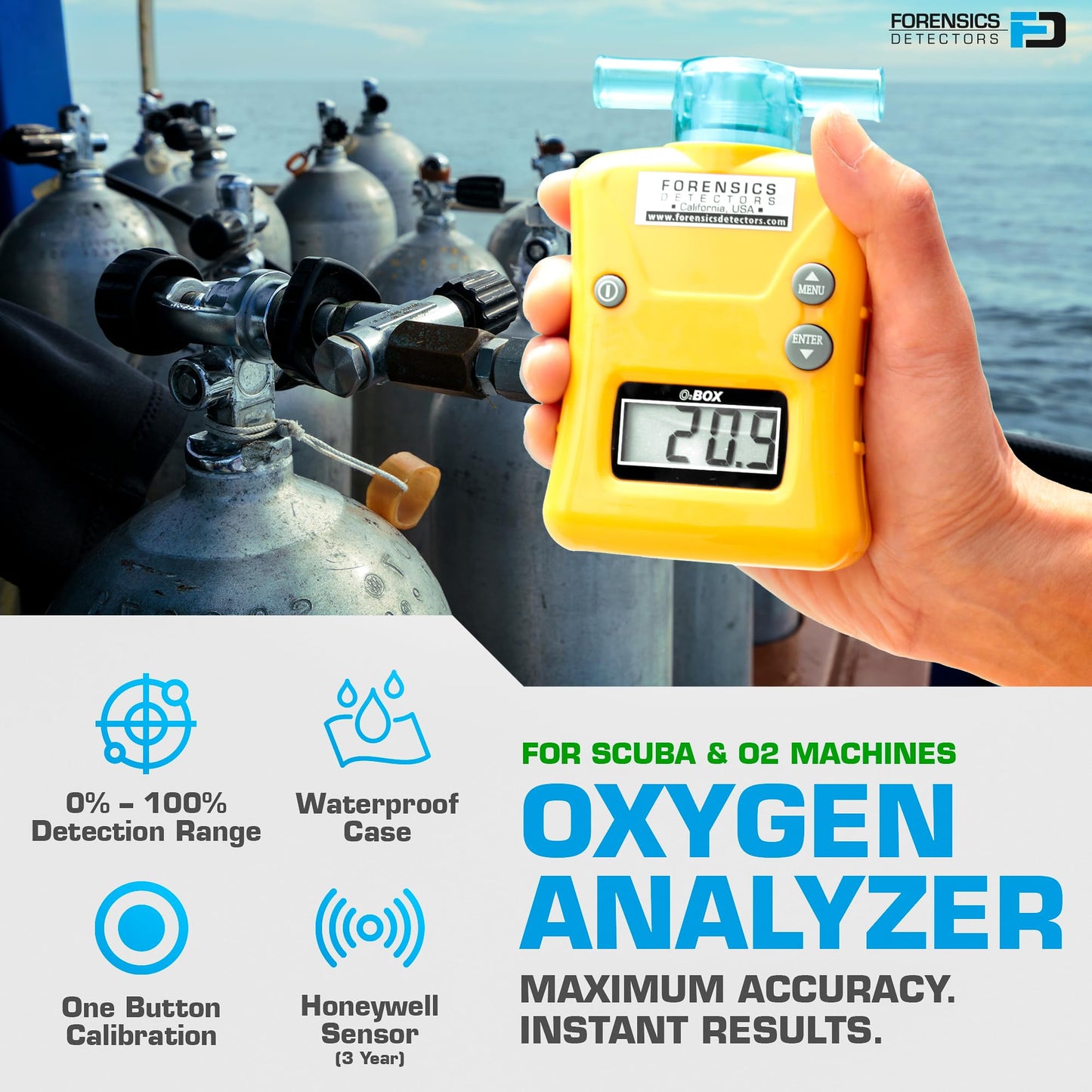 OXYGEN Analyzer by FORENSICS | 0%-100% with 0.1% resolution | Scuba, Nitrox, Divers | Water Resistant Case |