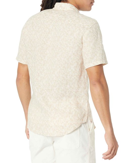 Club Monaco Men's Short Sleeve Linen Deco Print Shirt, Tan