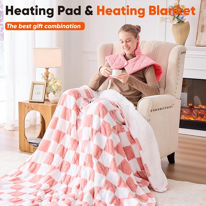 Pink Weighted Heating Pad for Neck Shoulders and Back, Valentines Day Gifts for Her Women Girlfriends, Birthday Gifts for Teen Girls Women, Electric Heated Blanket with 9 Heat Options 4 Auto-Off Timer