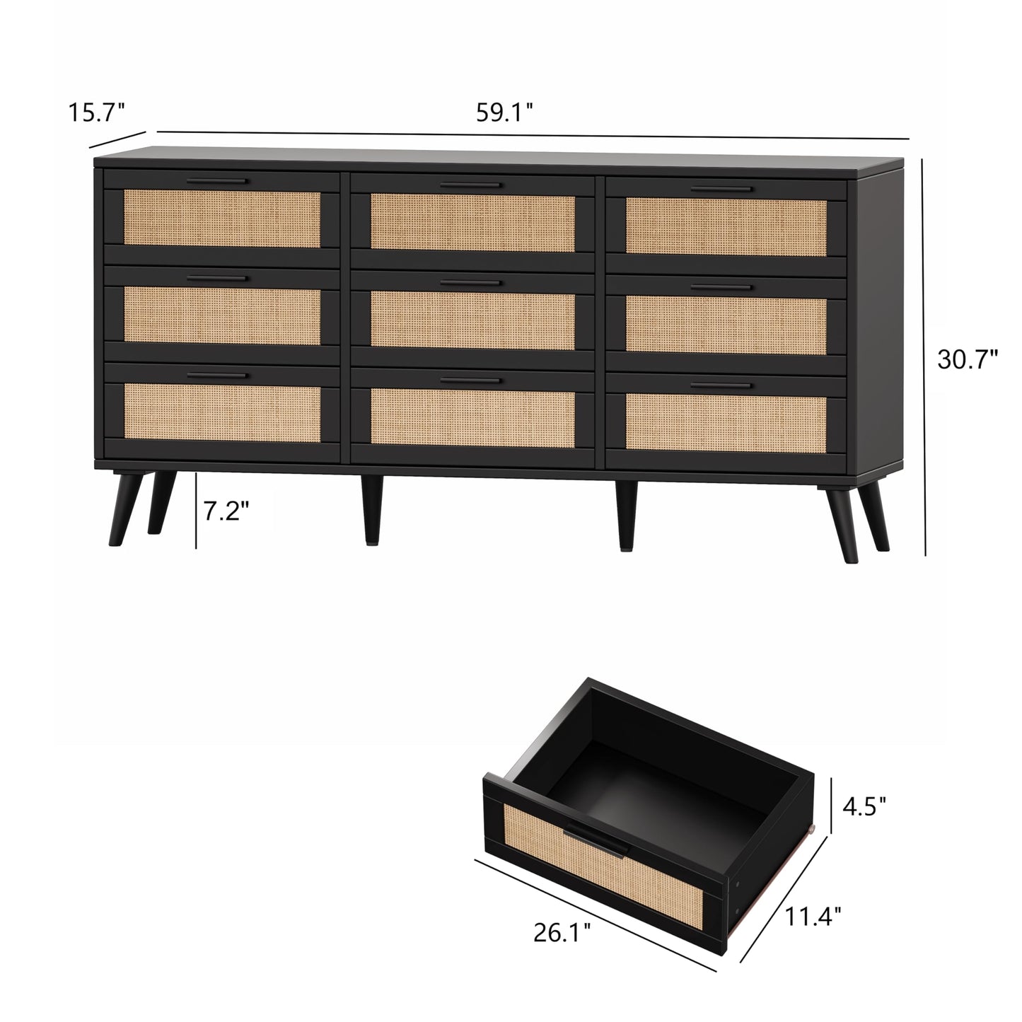 Rovaurx 9 Drawer Double Dresser for Bedroom, Rattan Chest of Dressers, Modern Wooden Dresser Chest with Golden Handles, Beside Table for Closet, Living Room and Entryway, Black and Natural
