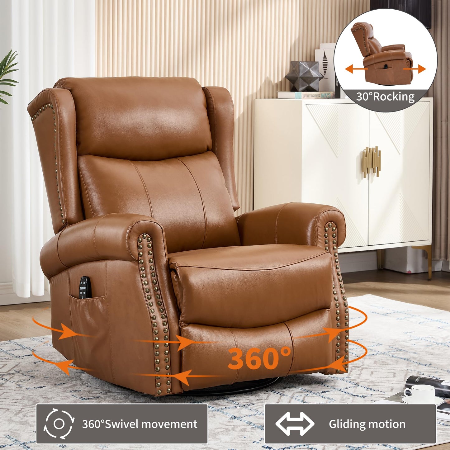 KEIKI Heat Massage Recliner Chair with Rocker & 360° Swivel, Manual Handle Reclining Lounge Chair with Lumbar Heat, Vibration Massage & Cushion Back for Living Room, Dark Yellow
